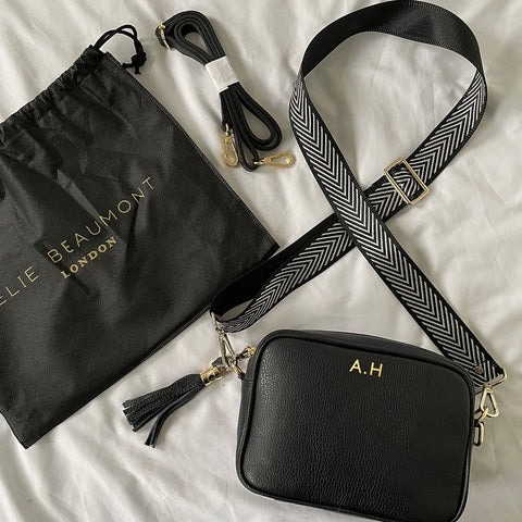 Personalised Elie Beaumont Black Bag with Silver Chevron Strap