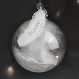 Personalised Name & Date Feather Glass Bauble.