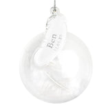 Personalised Name & Date Feather Glass Bauble.