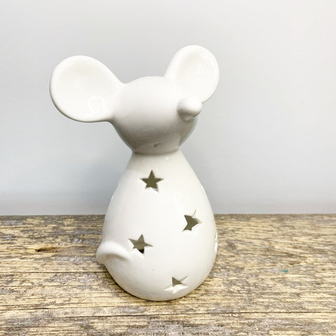 White Starry Mouse T-Light Holder, 14.5cm.