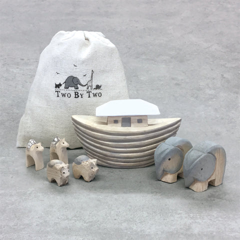 Wooden Noah's Ark Set In Cotton Bag