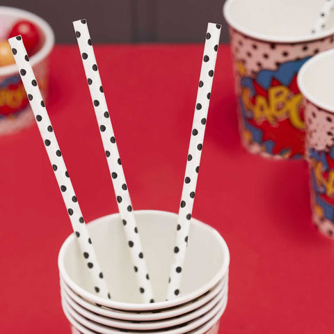 White and Black Polka Dot Comic Superhero Paper Straws